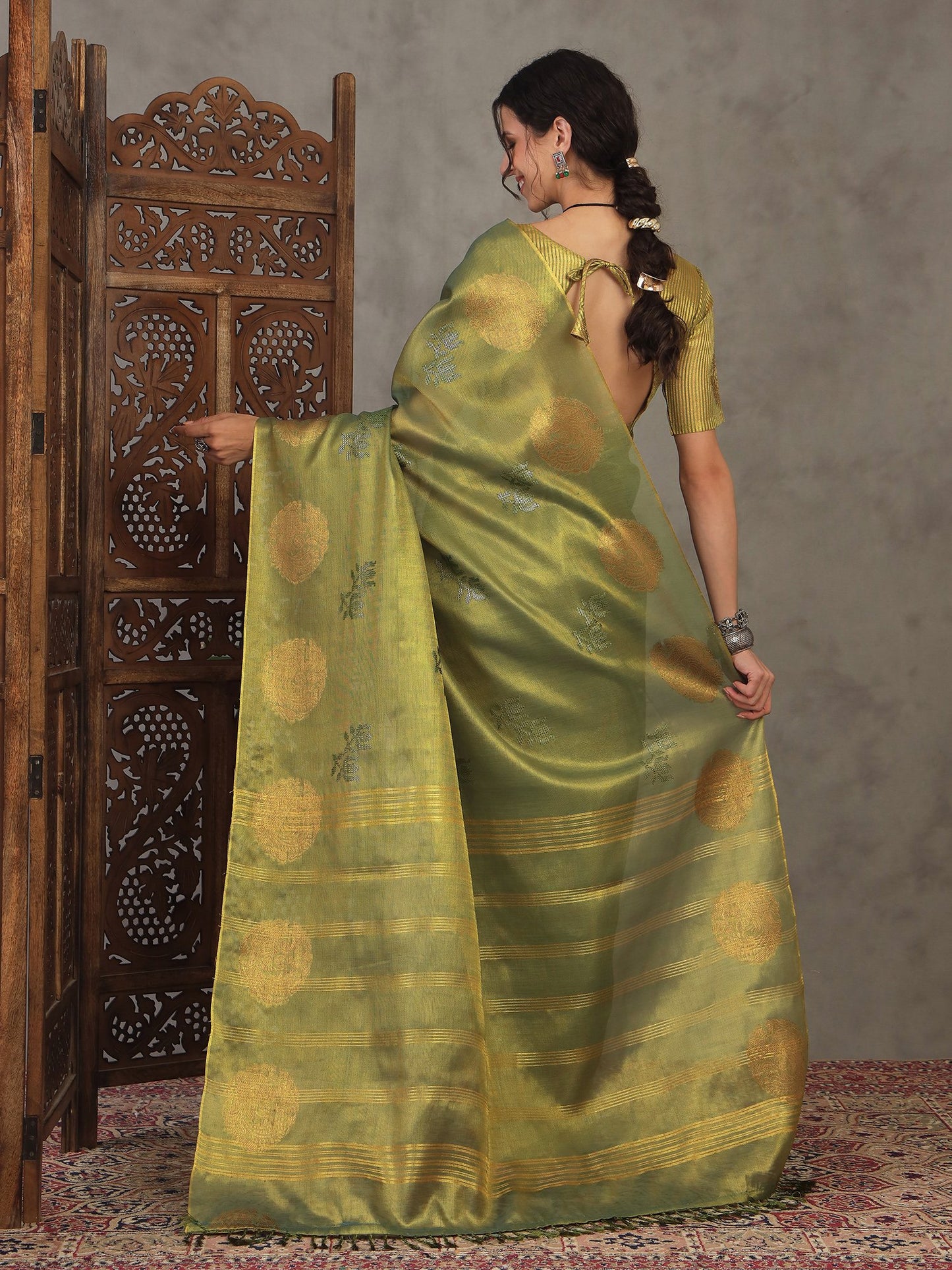 Green Banarasi Linen Woven Saree