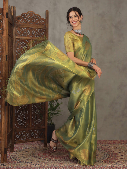 Green Banarasi Linen Woven Saree
