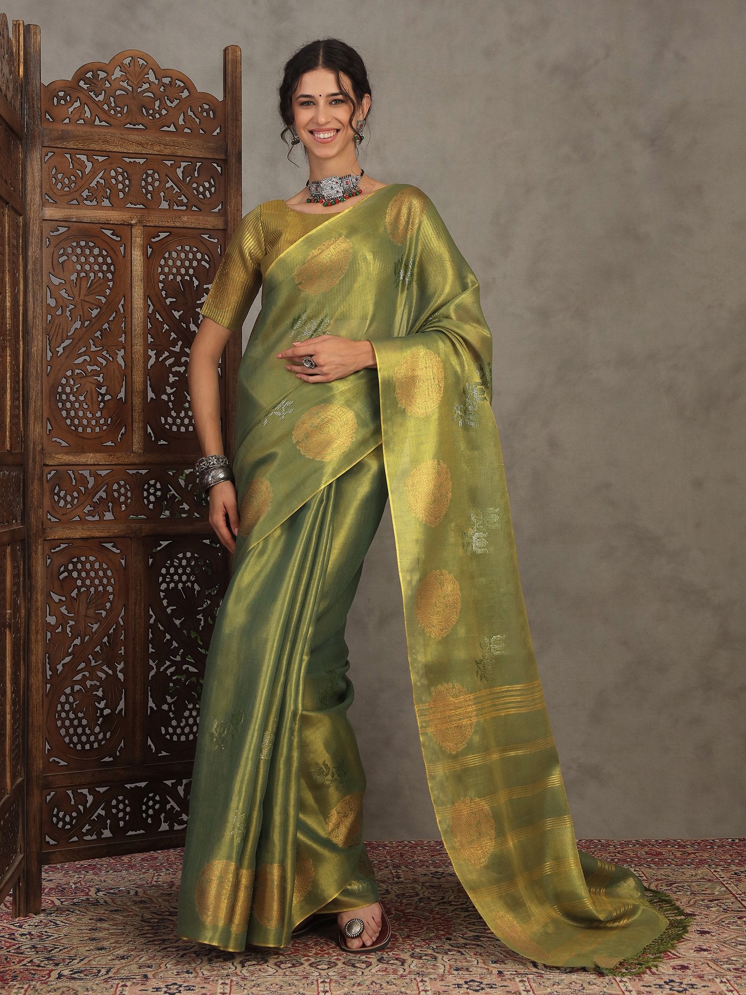 Green Green Banarasi Linen Woven Saree
