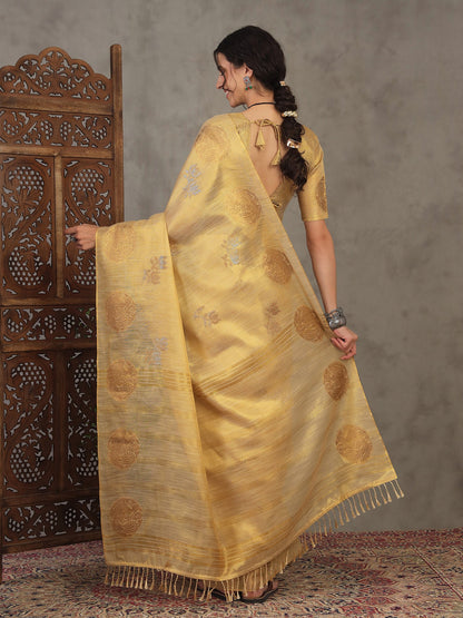 Cream Banarasi Linen Woven Saree