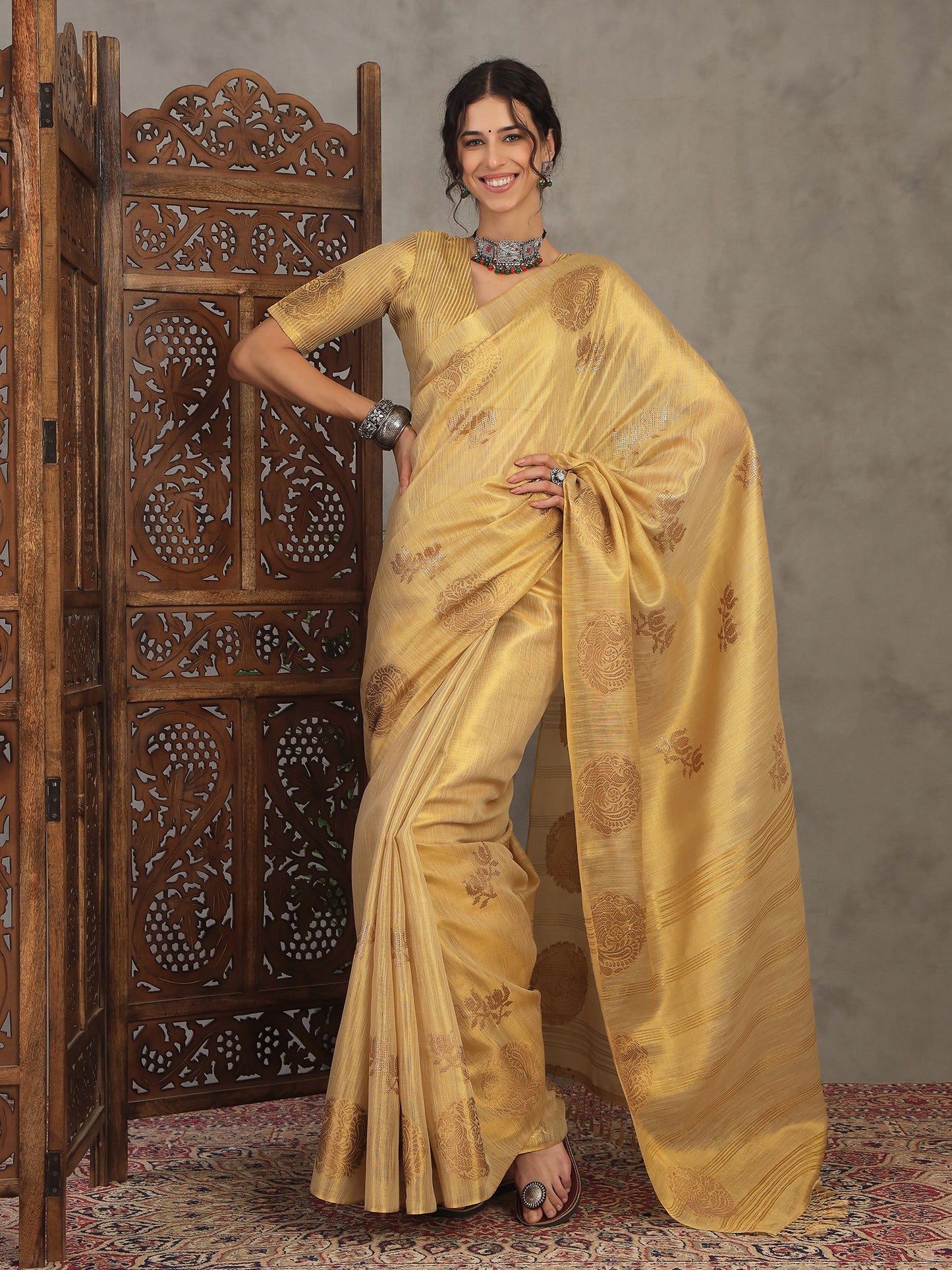 Golden Cream Banarasi Linen Woven Saree