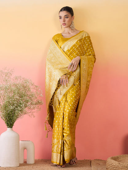 Yellow Yellow Banarasi Satin Silk Woven Saree