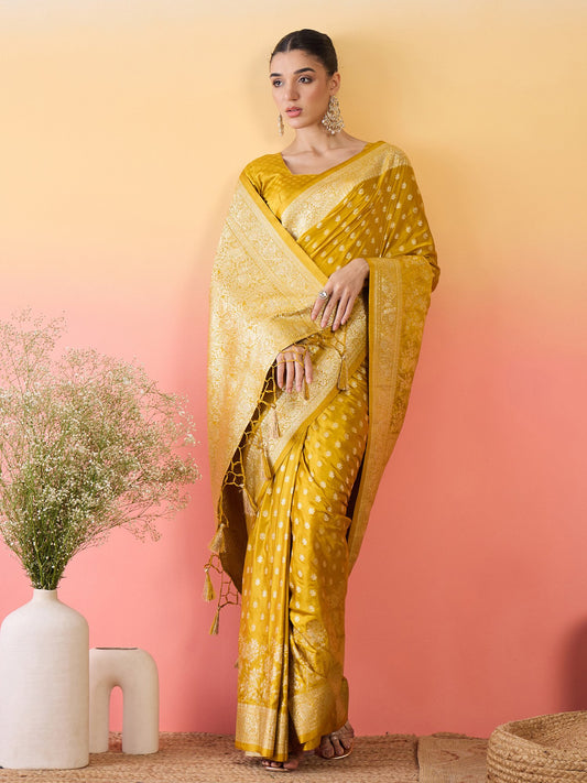 Yellow Yellow Banarasi Satin Silk Woven Saree