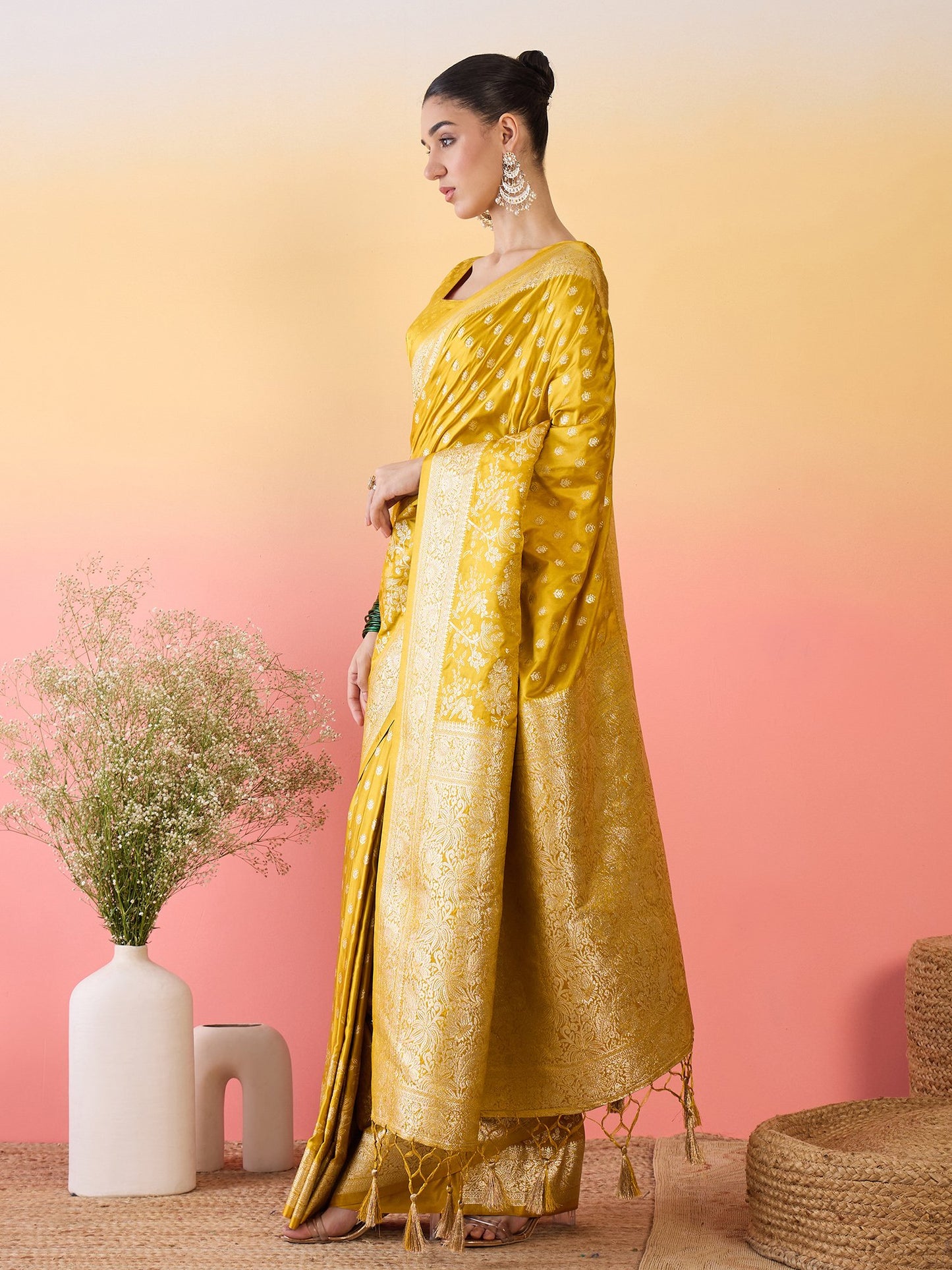 Yellow Banarasi Satin Silk Woven Saree