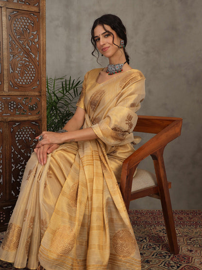 Cream Banarasi Linen Woven Saree