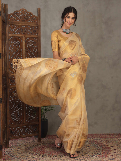 Cream Banarasi Linen Woven Saree