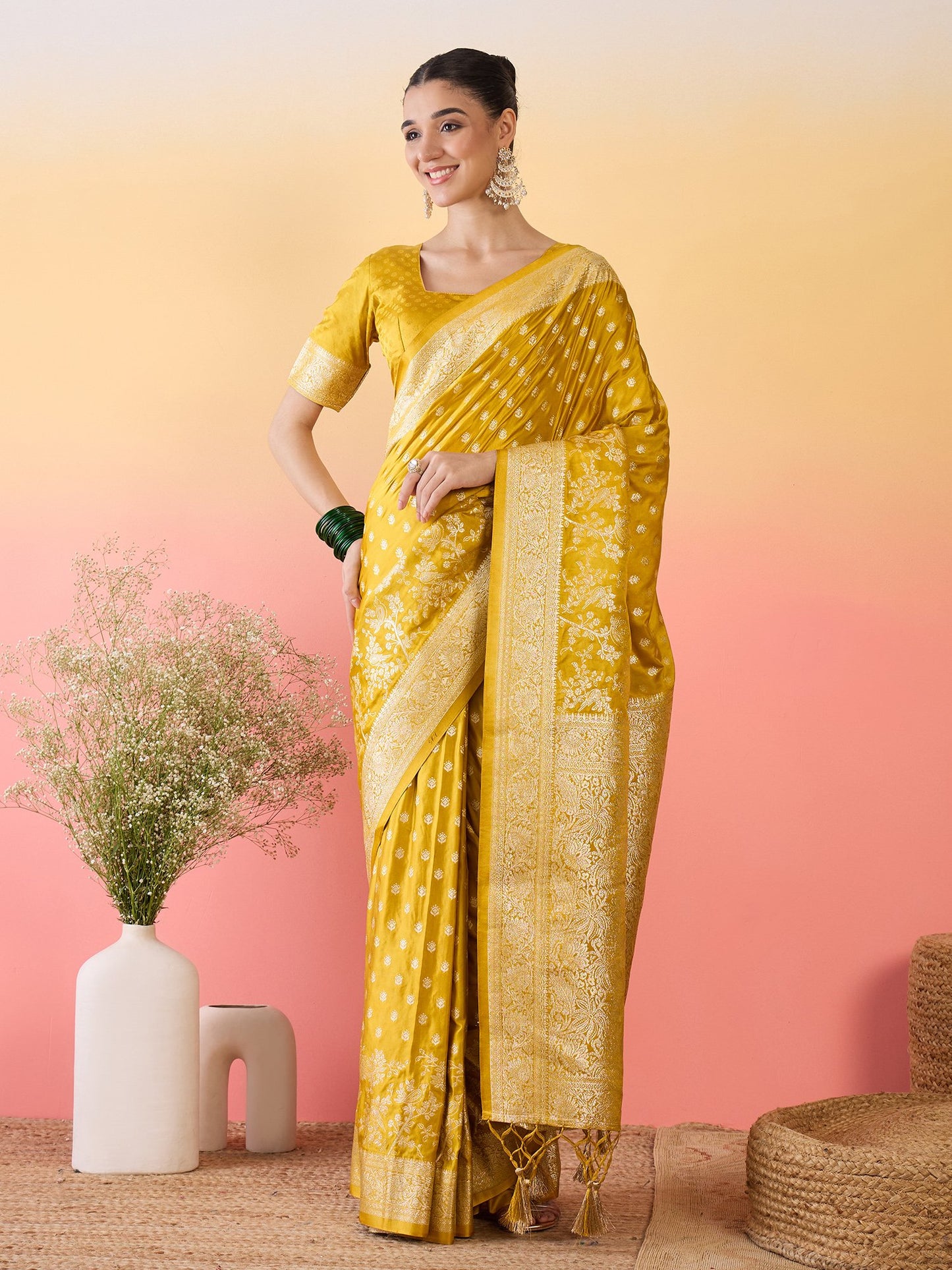 Yellow Banarasi Satin Silk Woven Saree
