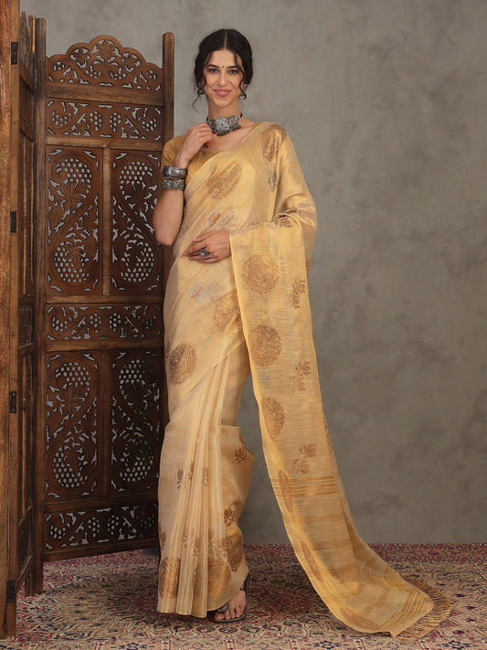 Golden Cream Banarasi Linen Woven Saree