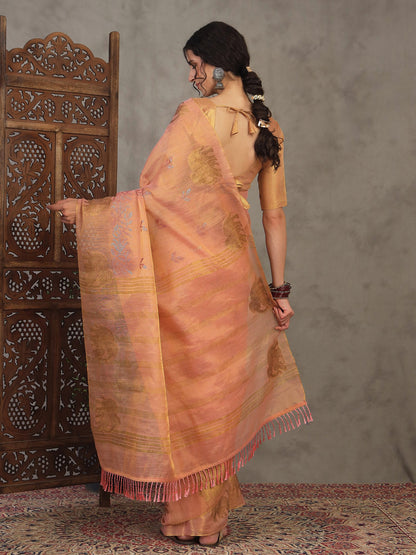 Peach Banarasi Linen Woven Saree