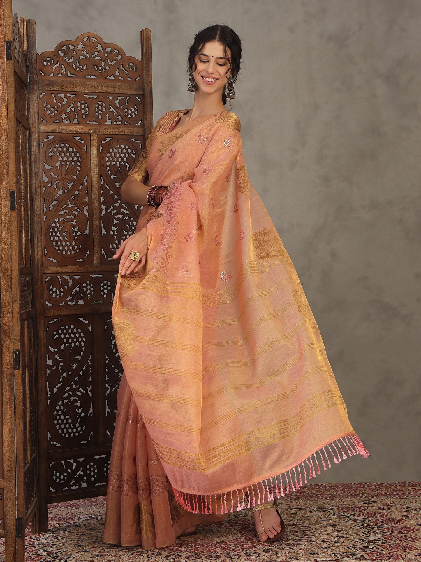 Peach Banarasi Linen Woven Saree