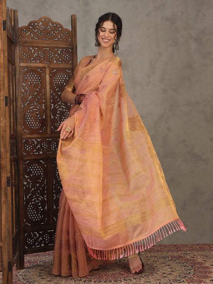 Peach Banarasi Linen Woven Saree