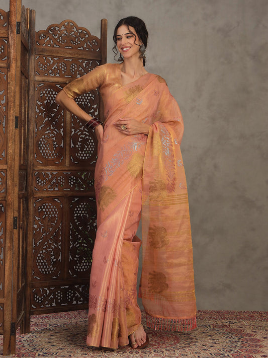 Pink Peach Banarasi Linen Woven Saree