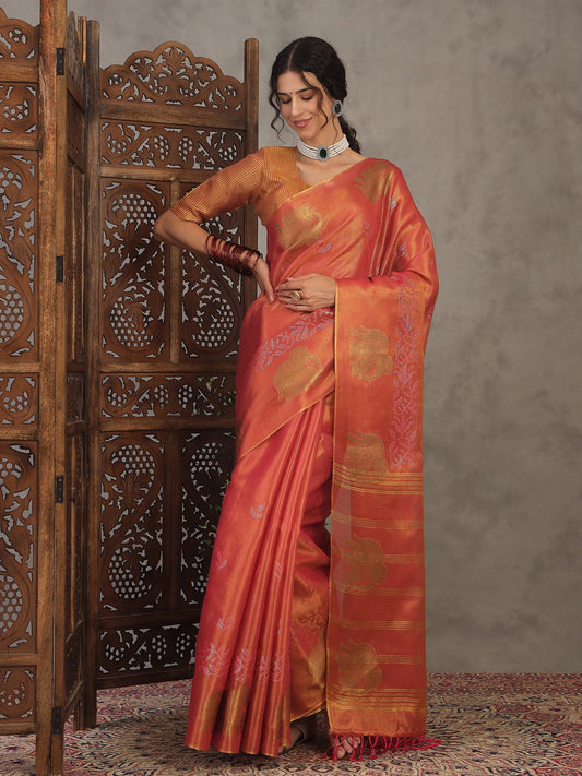 Pink Pink Banarasi Linen Woven Saree