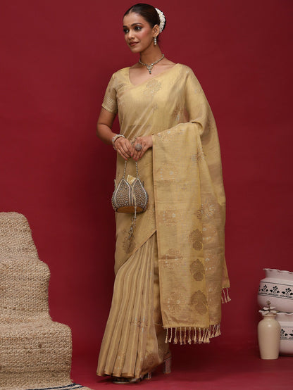 Cream Banarasi Linen Woven Saree