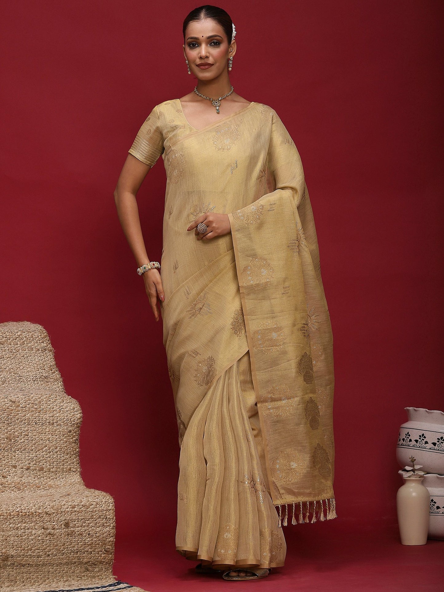 Cream Cream Banarasi Linen Woven Saree