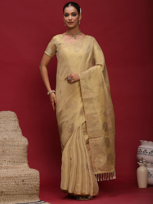 Cream Cream Banarasi Linen Woven Saree