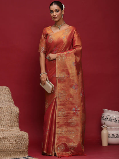 Red Banarasi Linen Woven Saree