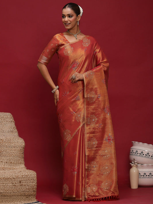 Red Red Banarasi Linen Woven Saree