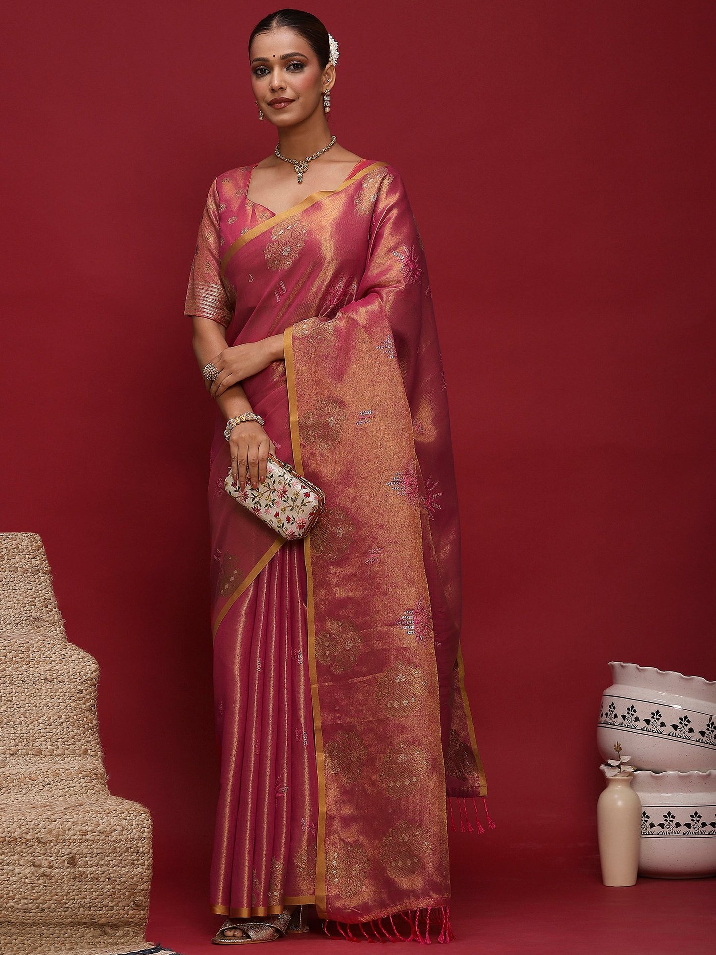 Pink Banarasi Linen Woven Saree