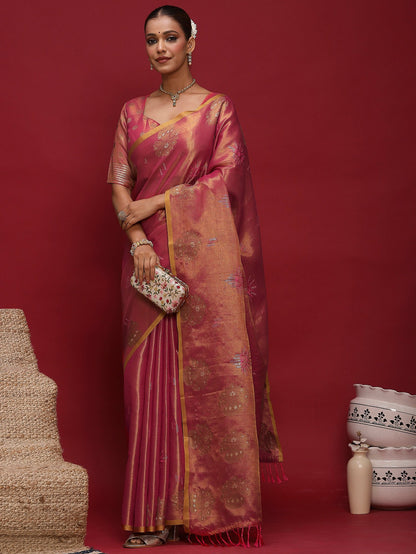 Pink Banarasi Linen Woven Saree