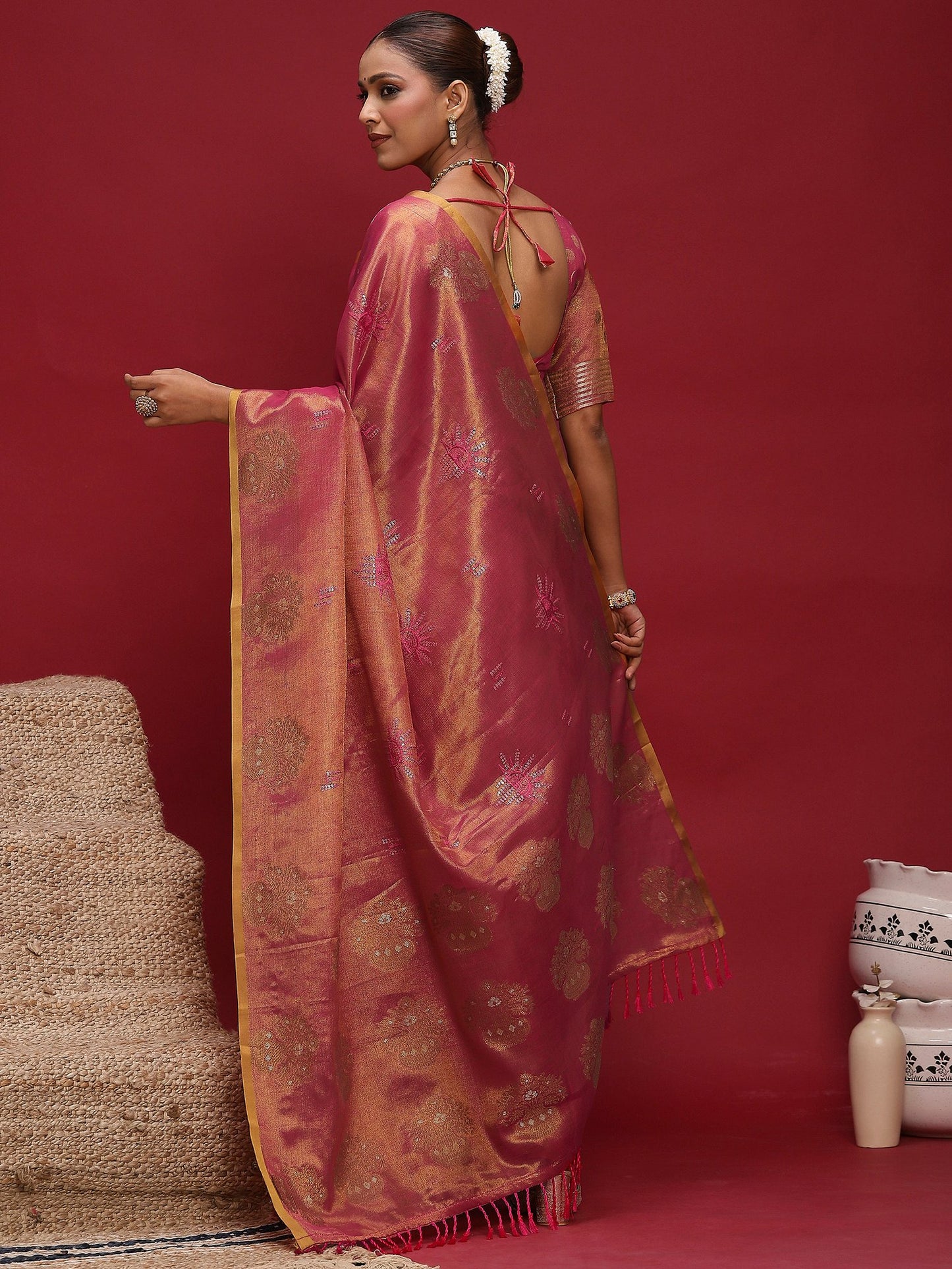 Pink Banarasi Linen Woven Saree