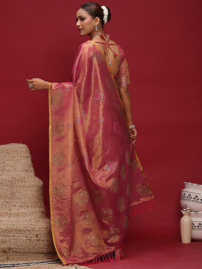 Pink Banarasi Linen Woven Saree