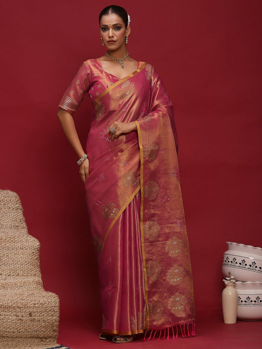 Pink Pink Banarasi Linen Woven Saree