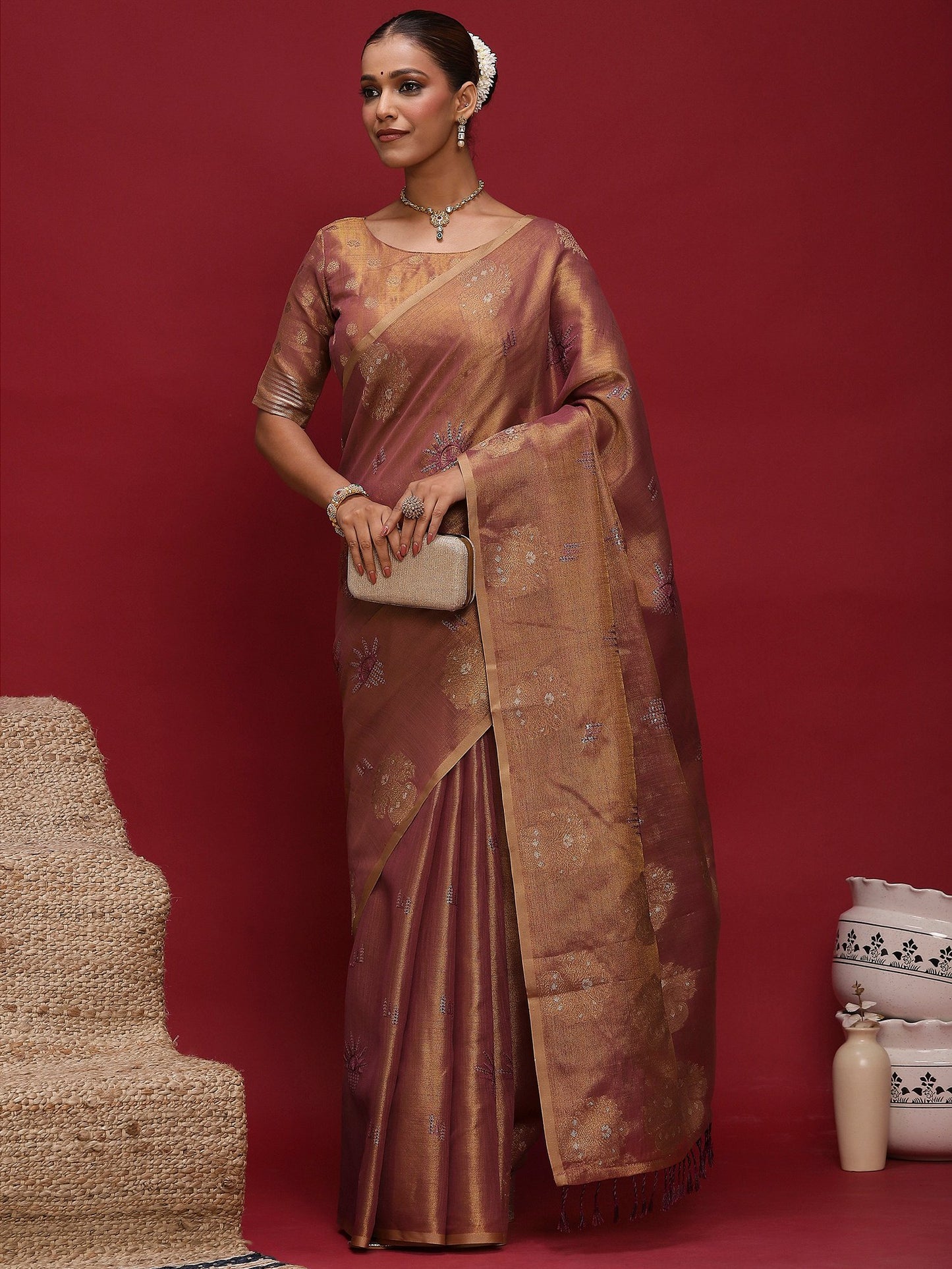 Purple Banarasi Linen Woven Saree
