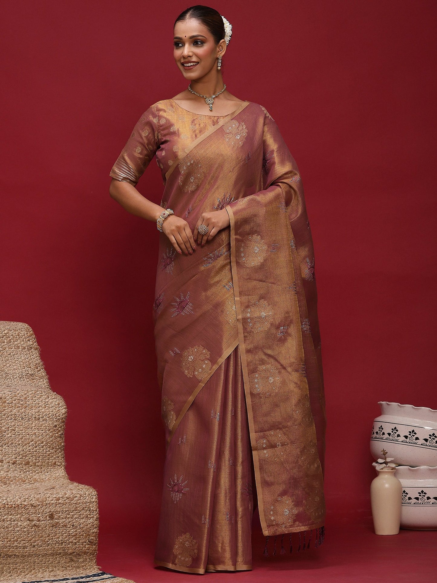Purple Purple Banarasi Linen Woven Saree