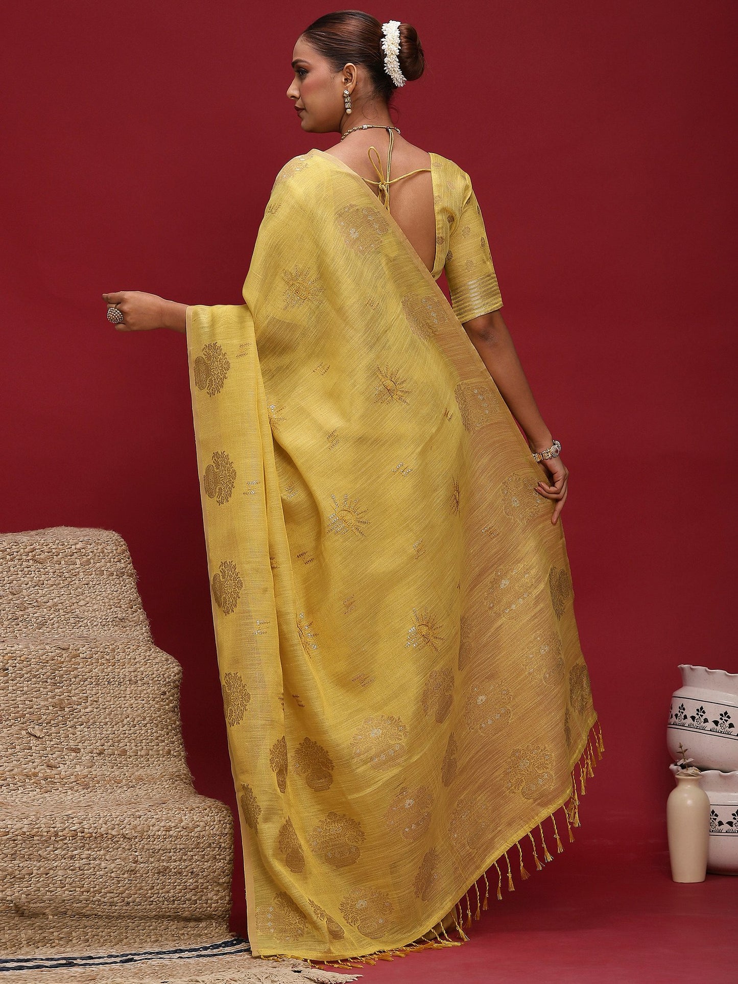 Yellow Banarasi Linen Woven Saree