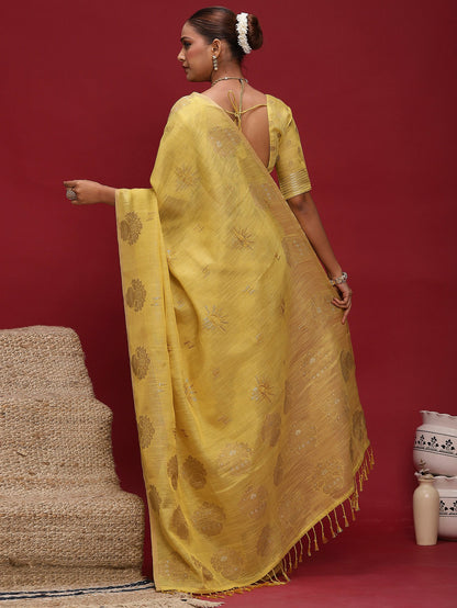 Yellow Banarasi Linen Woven Saree