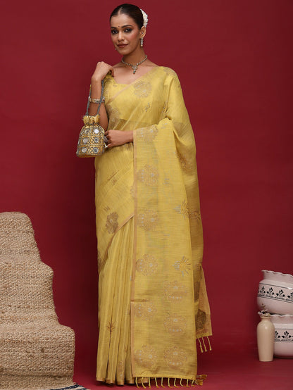 Yellow Banarasi Linen Woven Saree