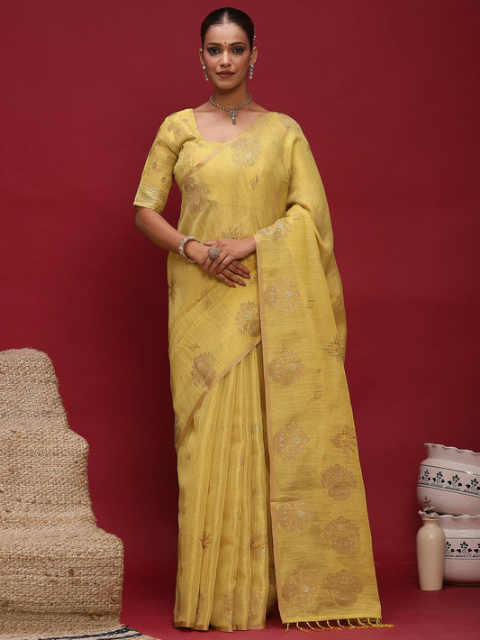 Yellow Yellow Banarasi Linen Woven Saree