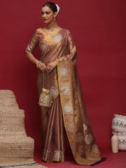 Brown Tussar Linen Woven Saree