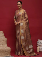 Brown Tussar Linen Woven Saree