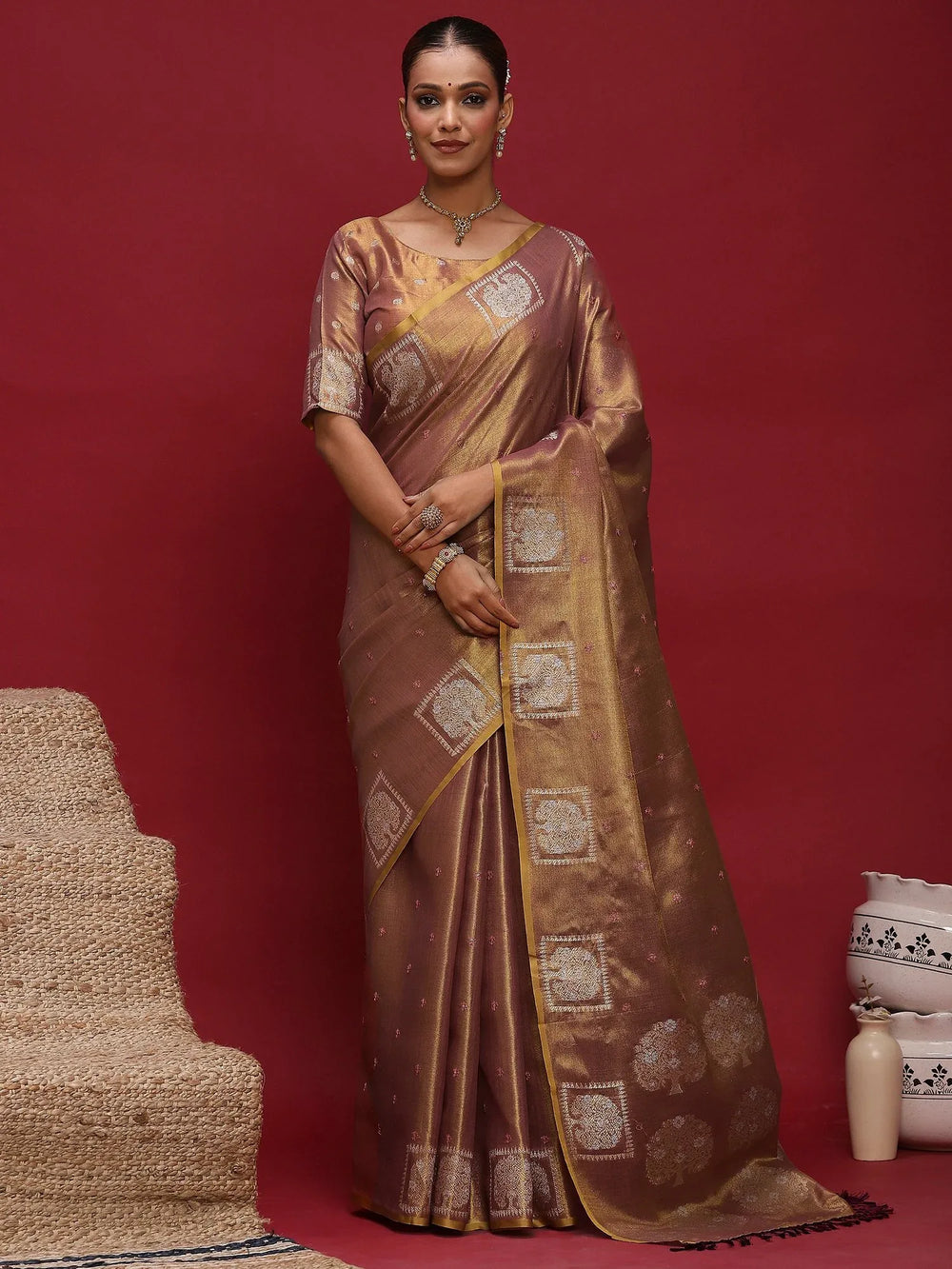 Brown Brown Tussar Linen Woven Saree