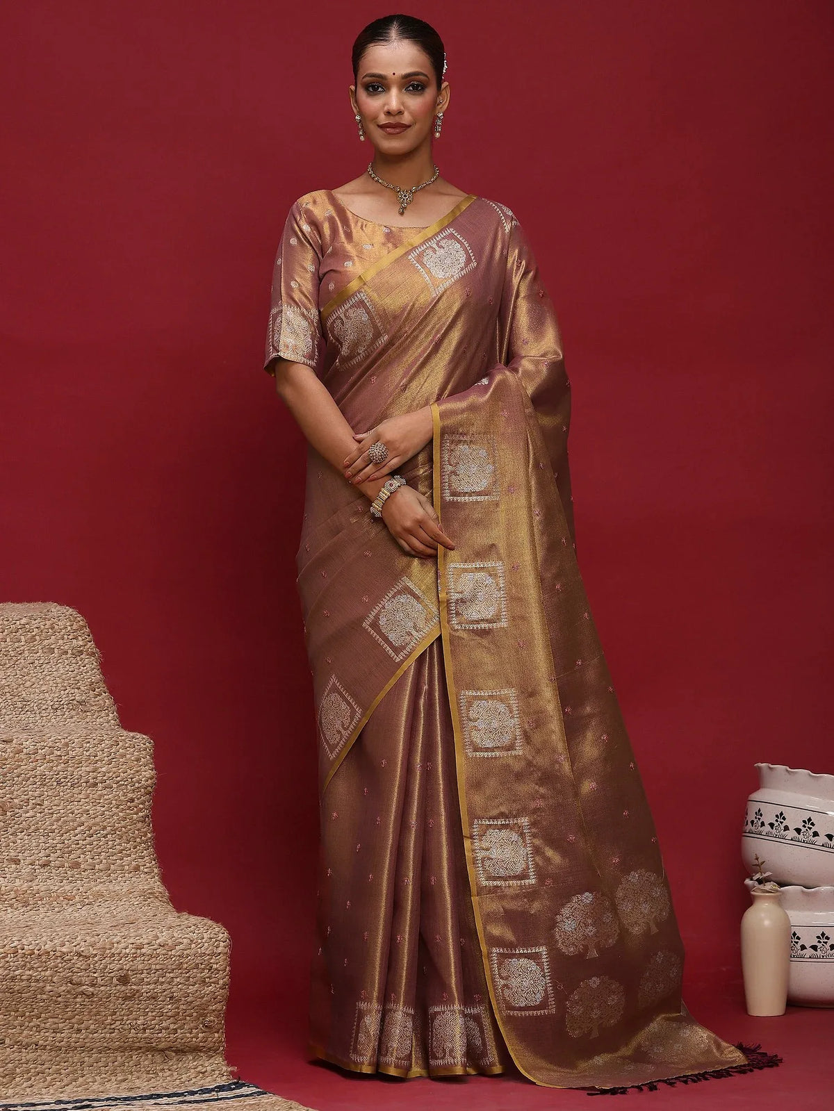 Brown Brown Tussar Linen Woven Saree