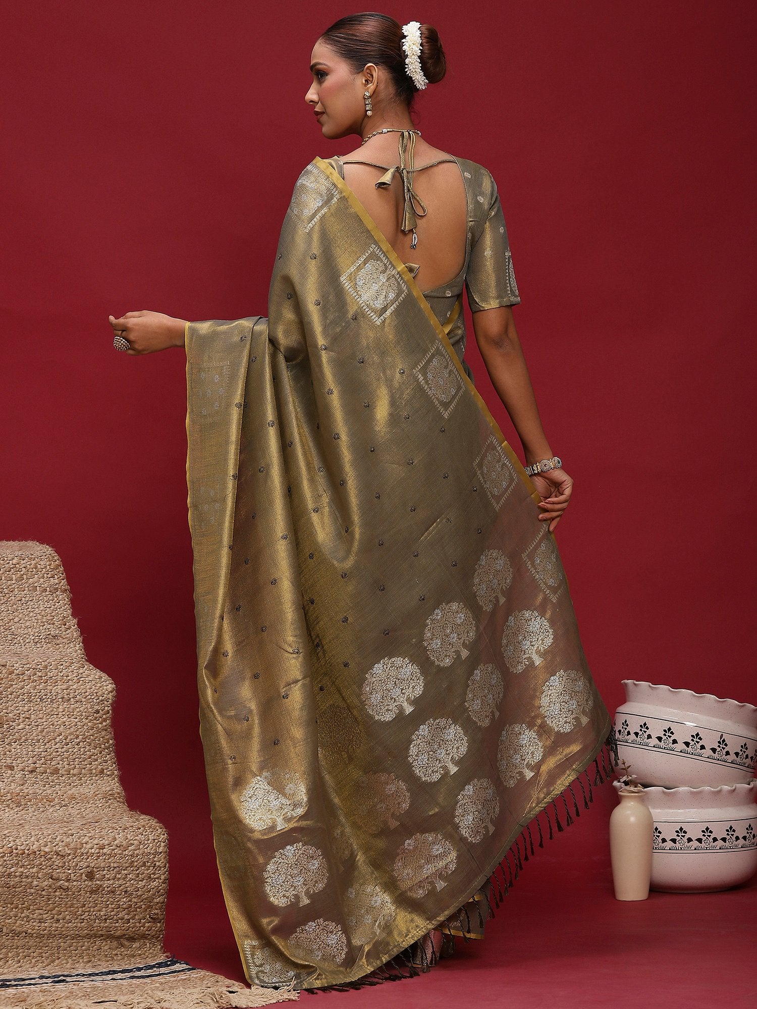 Olive Tussar Linen Woven Saree