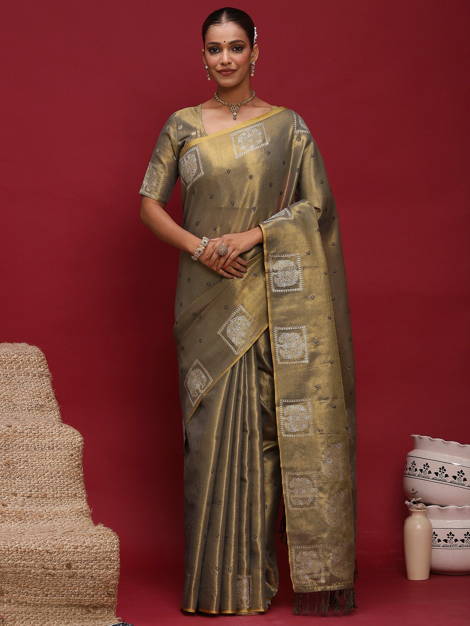Green Olive Tussar Linen Woven Saree