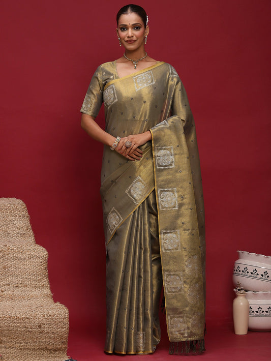 Green Olive Tussar Linen Woven Saree