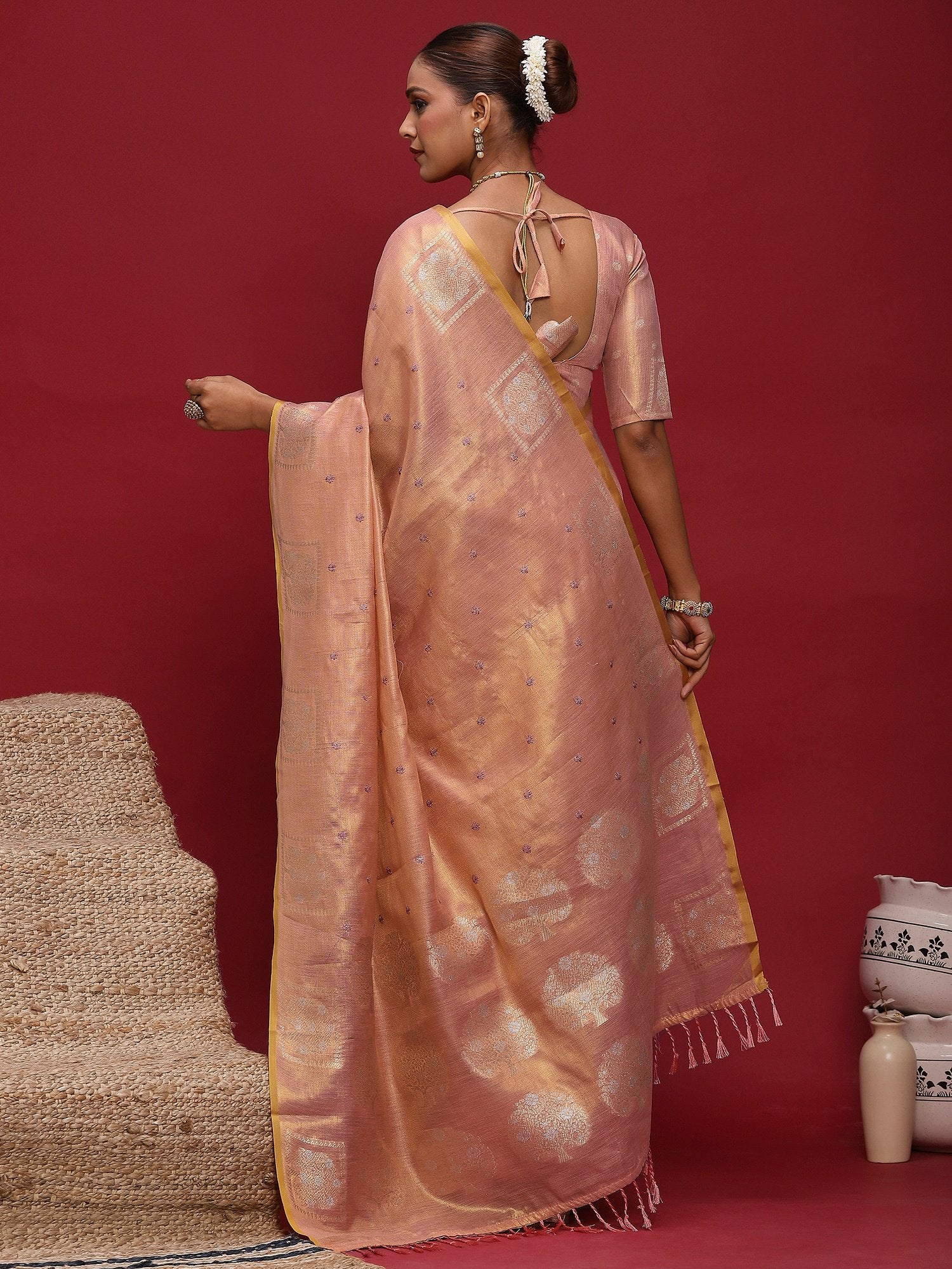 Peach Tussar Linen Woven Saree
