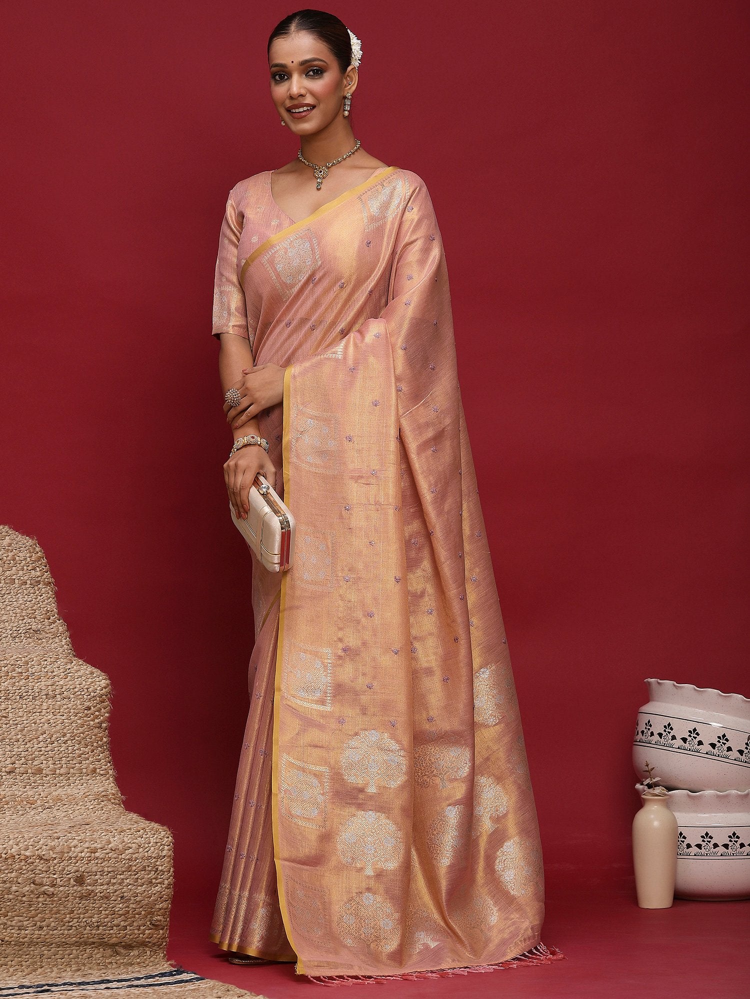 Peach Tussar Linen Woven Saree