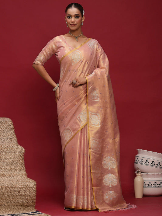 Pink Peach Tussar Linen Woven Saree