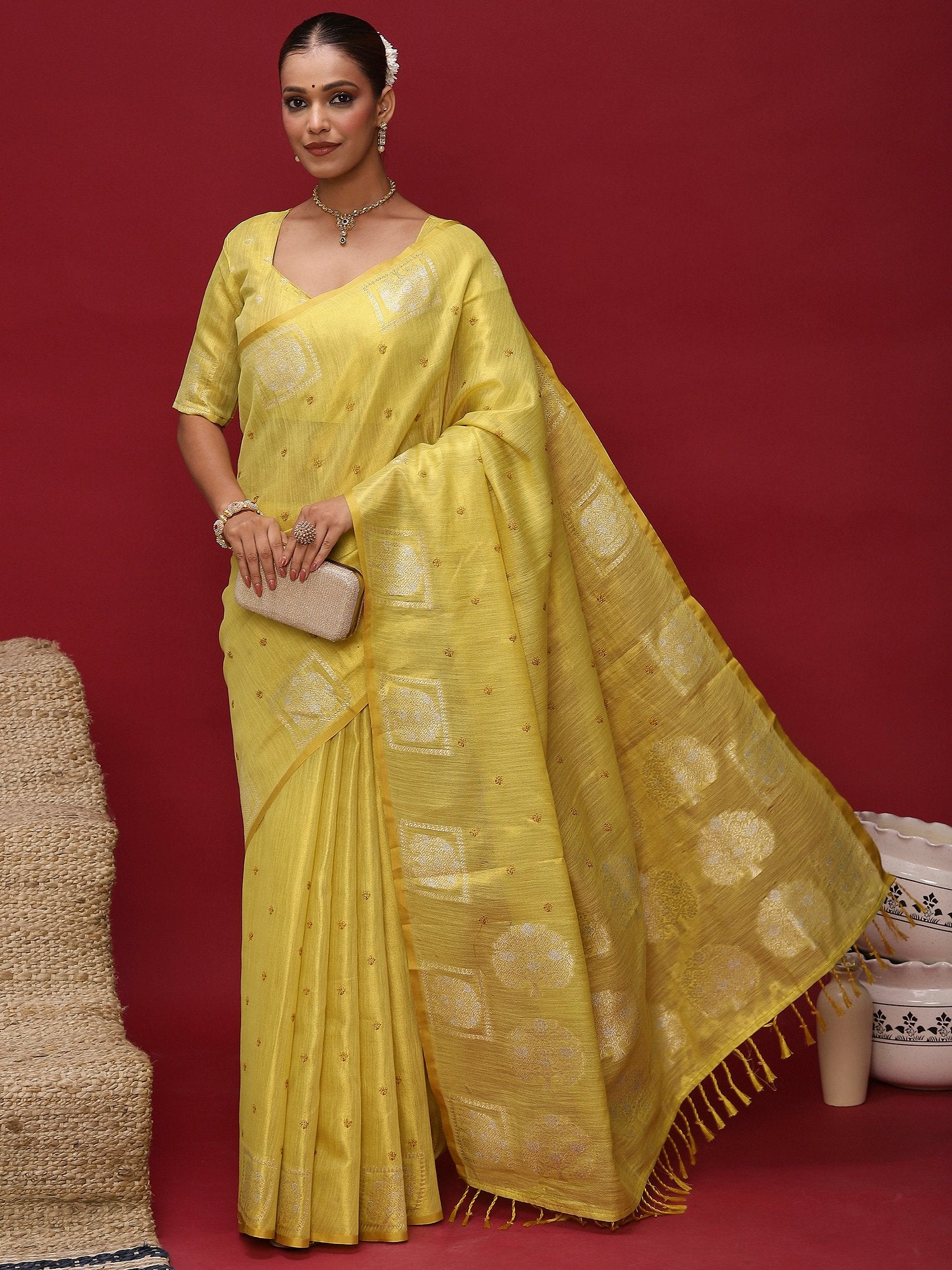 Yellow Tussar Linen Woven Saree