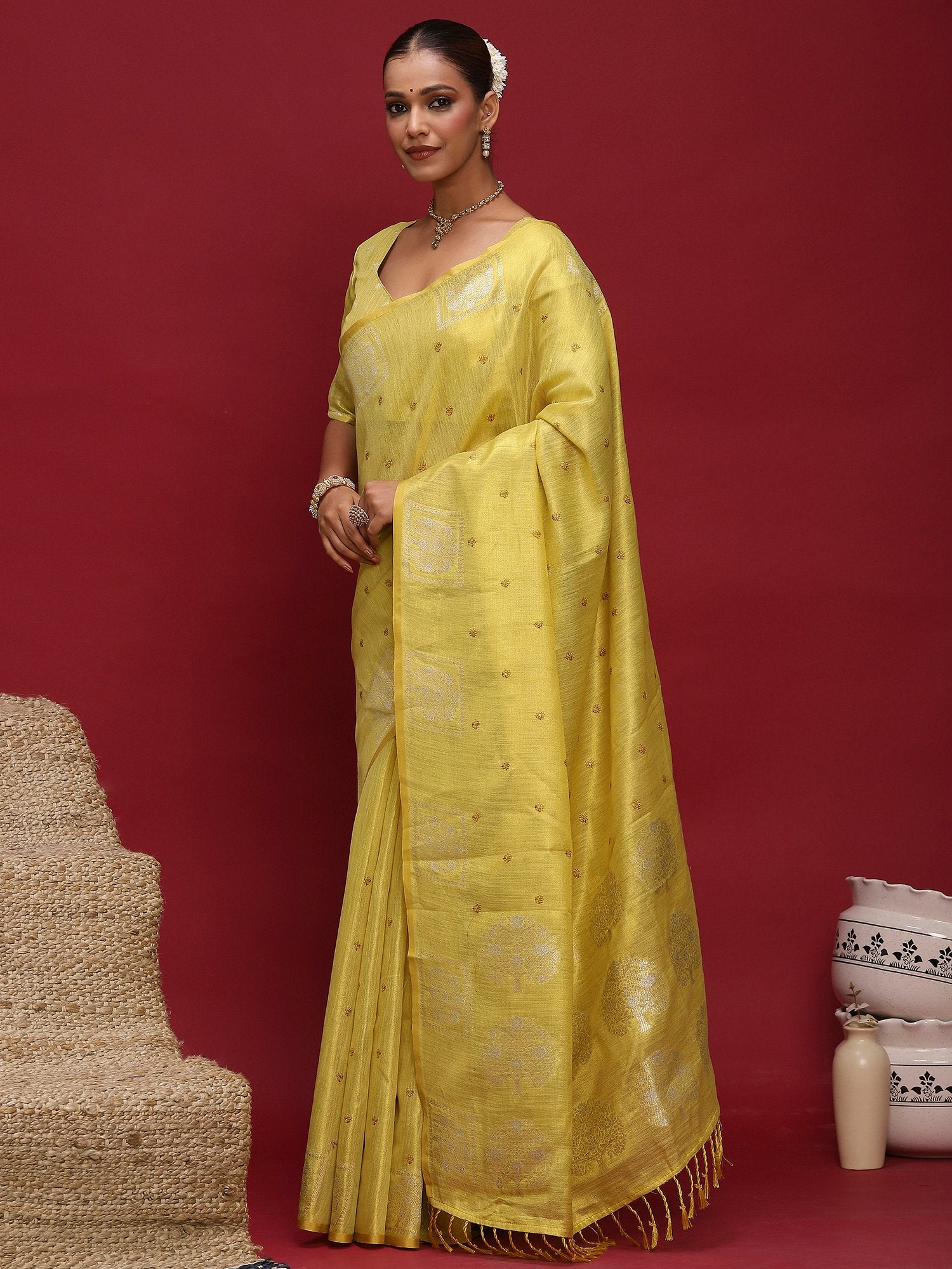 Yellow Tussar Linen Woven Saree