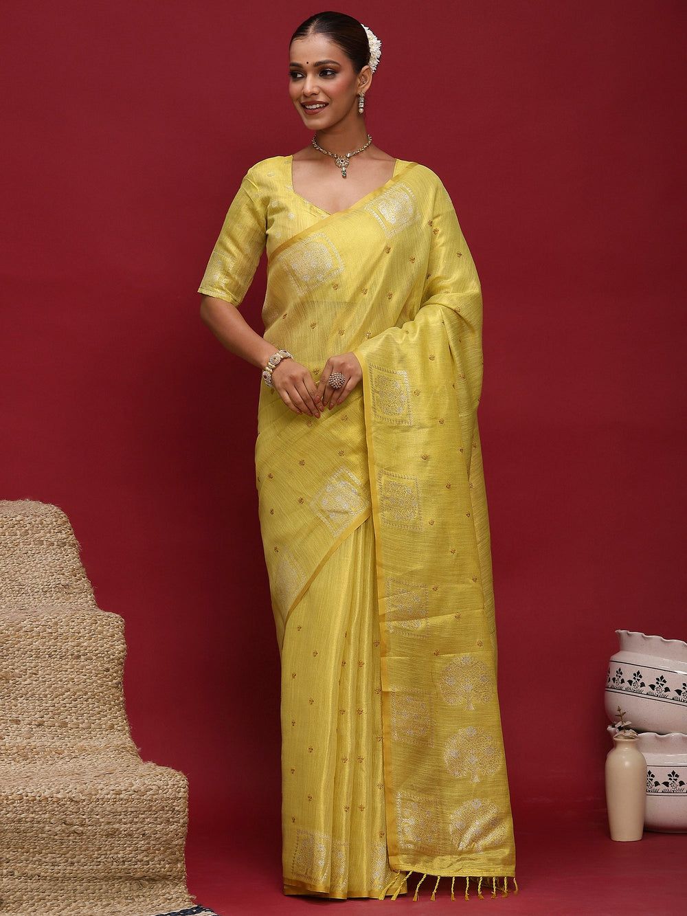 Yellow Yellow Tussar Linen Woven Saree