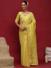 Yellow Yellow Tussar Linen Woven Saree