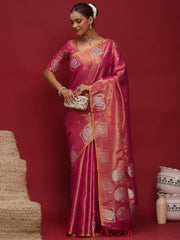 Pink Tussar Linen Woven Saree