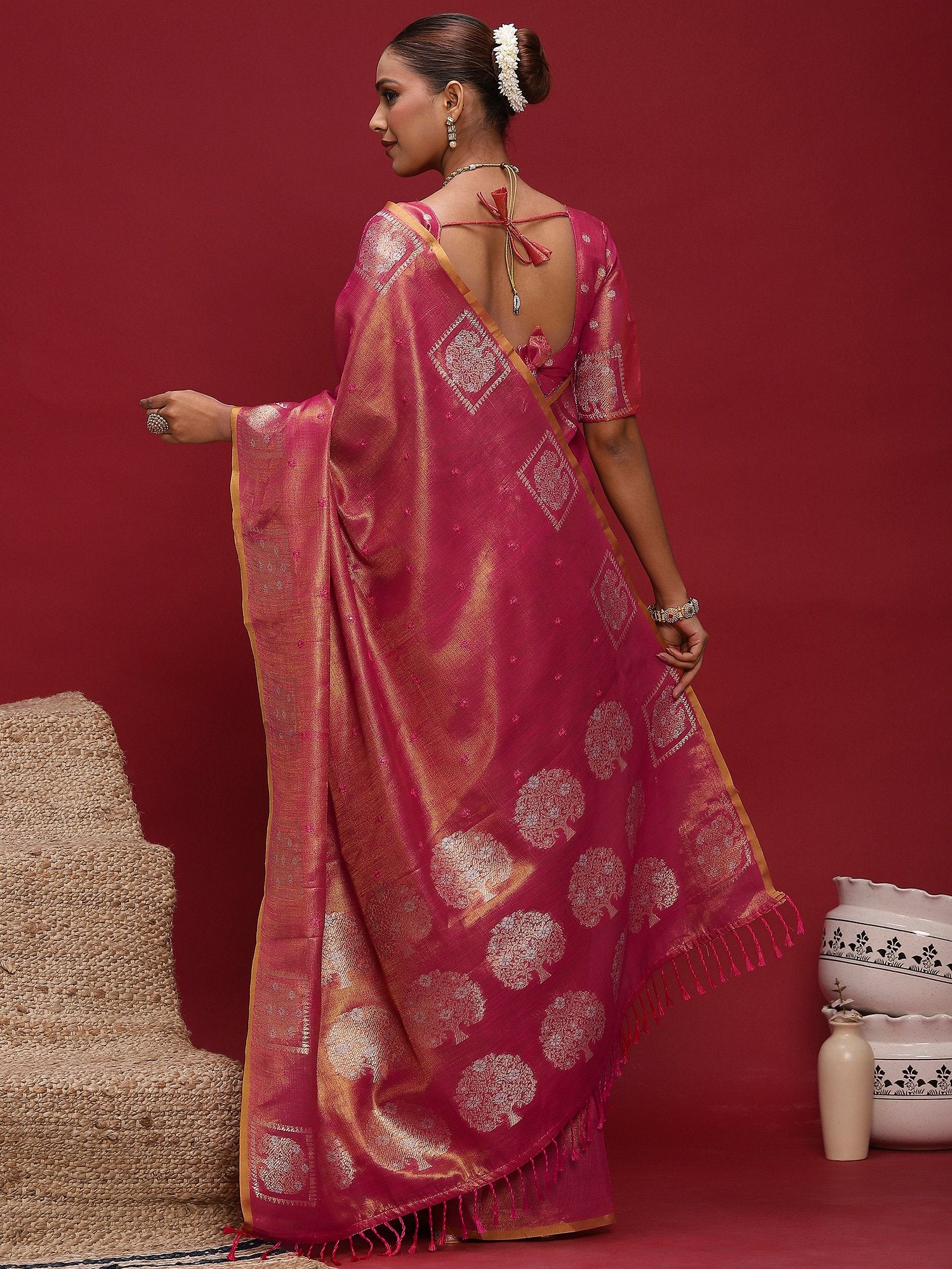 Pink Tussar Linen Woven Saree