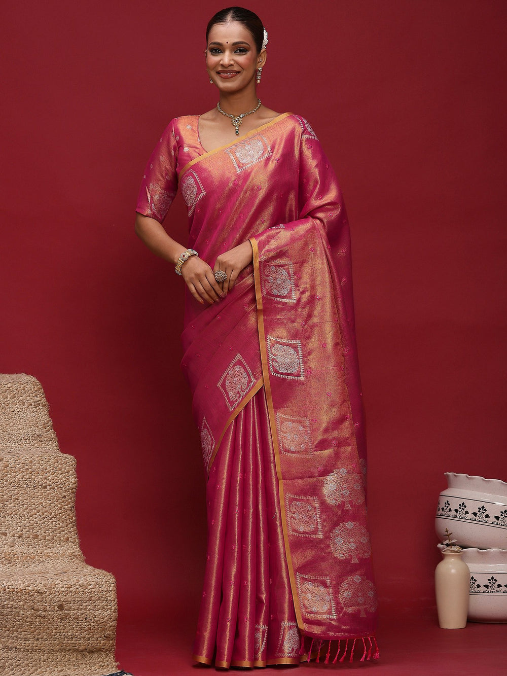 Pink Pink Tussar Linen Woven Saree